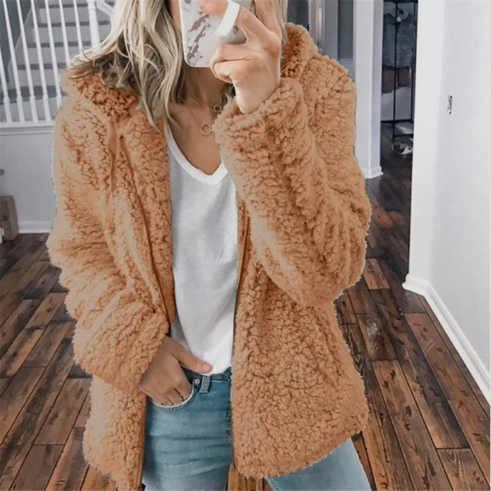 Women's hooded zip-up teddy jacket with drawstring hood - view 9