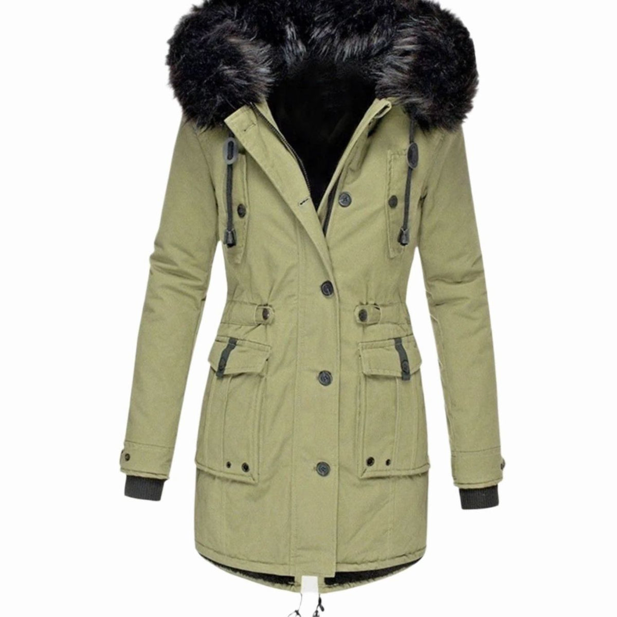 Women's fitted winter parka with black faux fur trimmed hood, drawstring waist and flap pockets