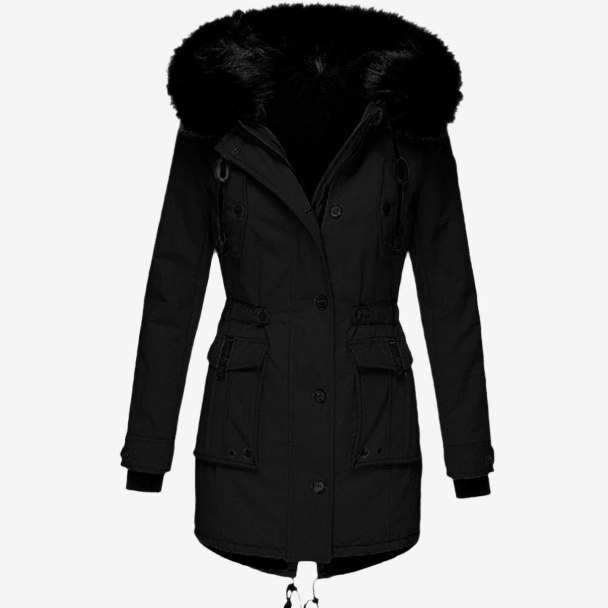 Women's fitted winter parka with black faux fur trimmed hood, drawstring waist and flap pockets - view 3