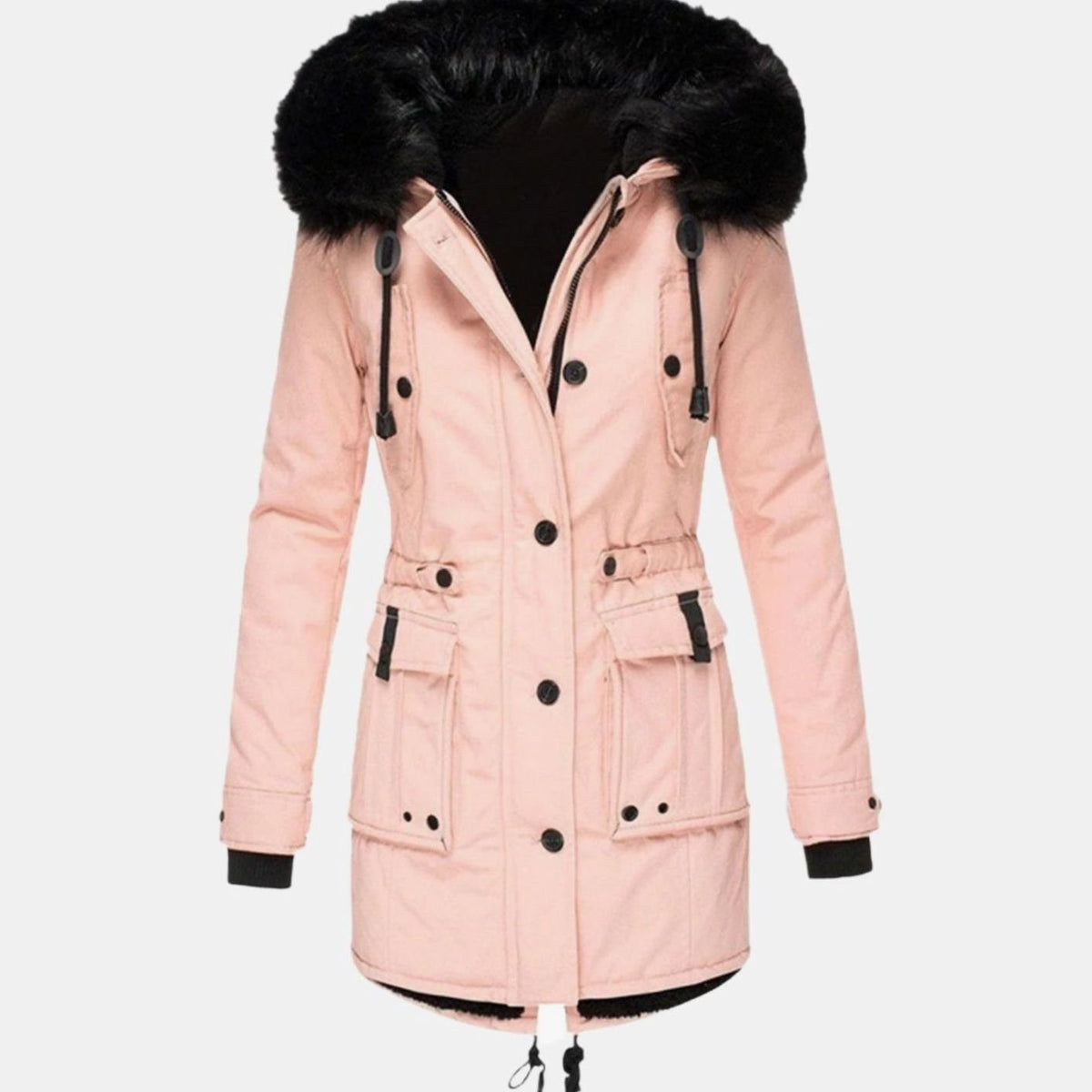 Women's fitted winter parka with black faux fur trimmed hood, drawstring waist and flap pockets - view 4