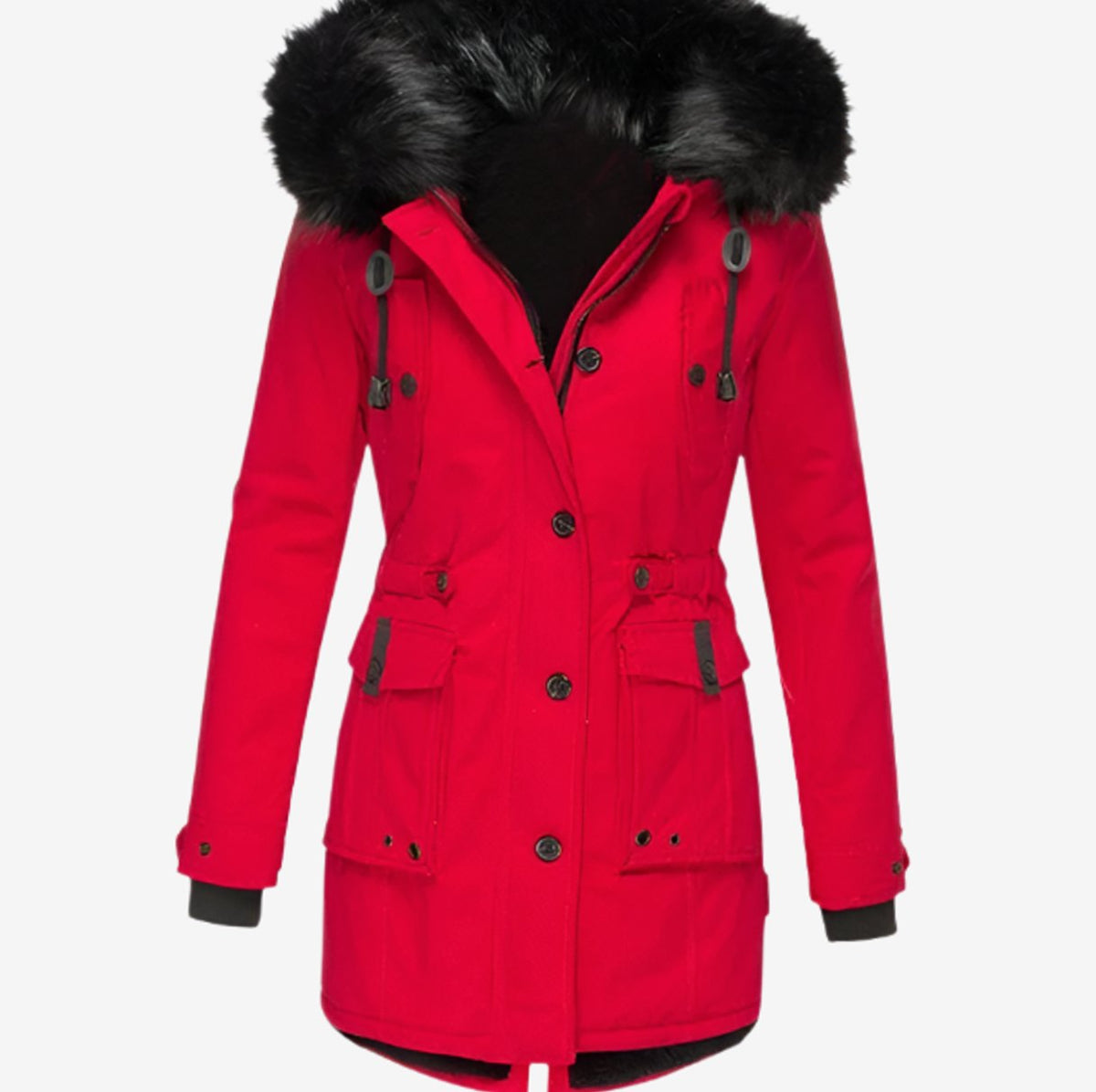 Women's fitted winter parka with black faux fur trimmed hood, drawstring waist and flap pockets - view 5
