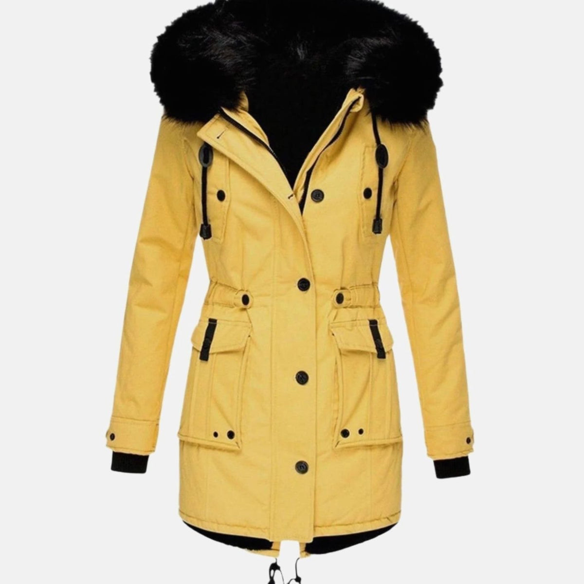 Women's fitted winter parka with black faux fur trimmed hood, drawstring waist and flap pockets - view 6