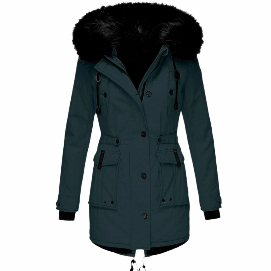 Women's fitted winter parka with black faux fur trimmed hood, drawstring waist and flap pockets - view 7
