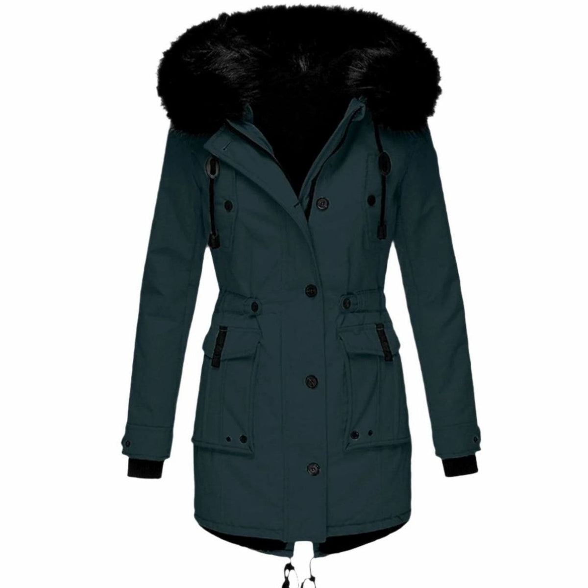 Women's fitted winter parka with black faux fur trimmed hood, drawstring waist and flap pockets - view 7