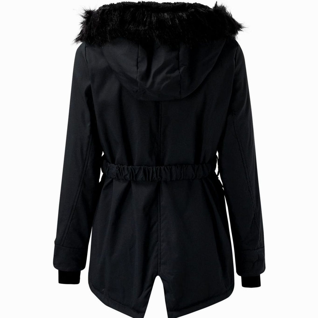 Women's fitted winter parka with black faux fur trimmed hood, drawstring waist and flap pockets - view 8
