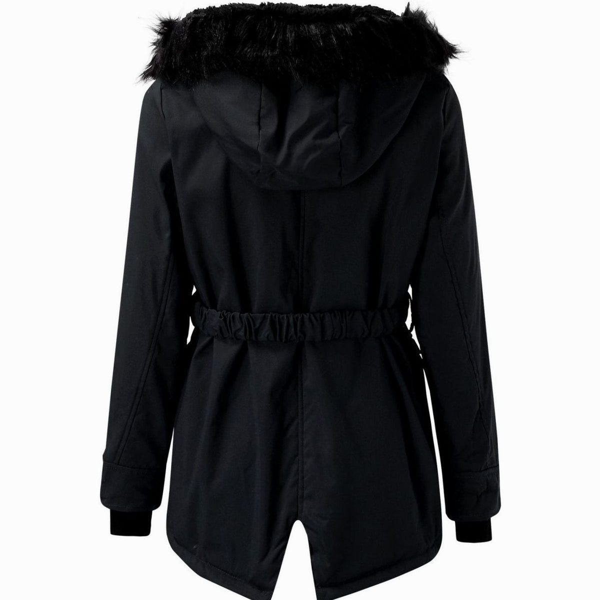 Women's fitted winter parka with black faux fur trimmed hood, drawstring waist and flap pockets - view 8