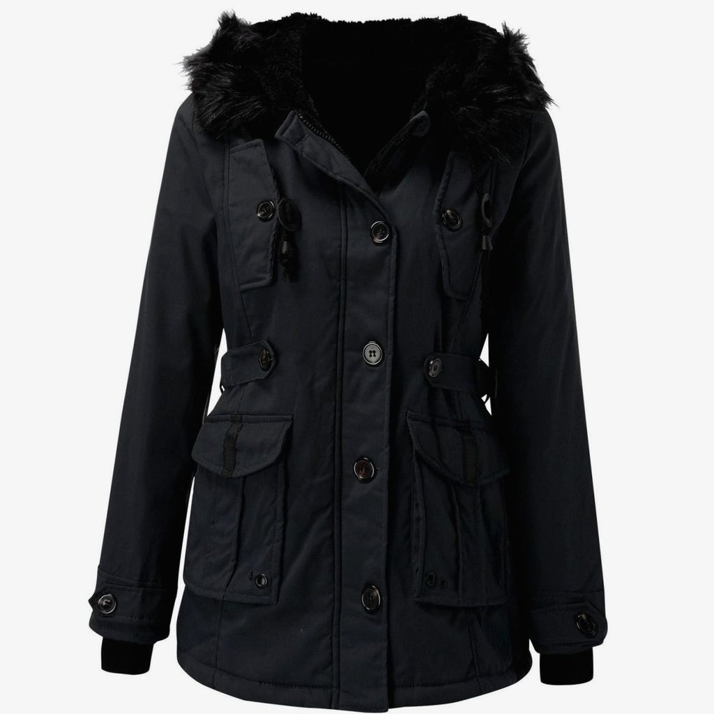 Women's fitted winter parka with black faux fur trimmed hood, drawstring waist and flap pockets - view 9
