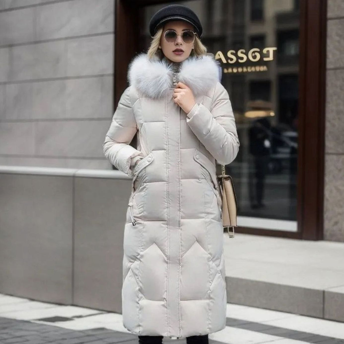 Woman wearing a long cream quilted winter coat with faux fur trimmed hood