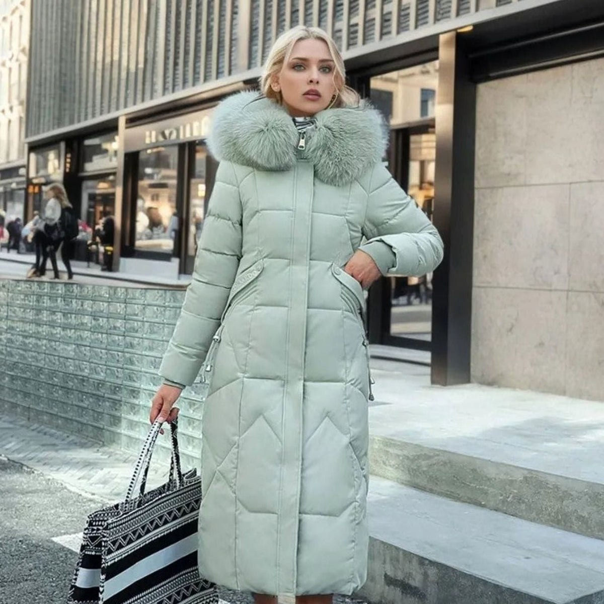 Woman wearing a long cream quilted winter coat with faux fur trimmed hood - view 11