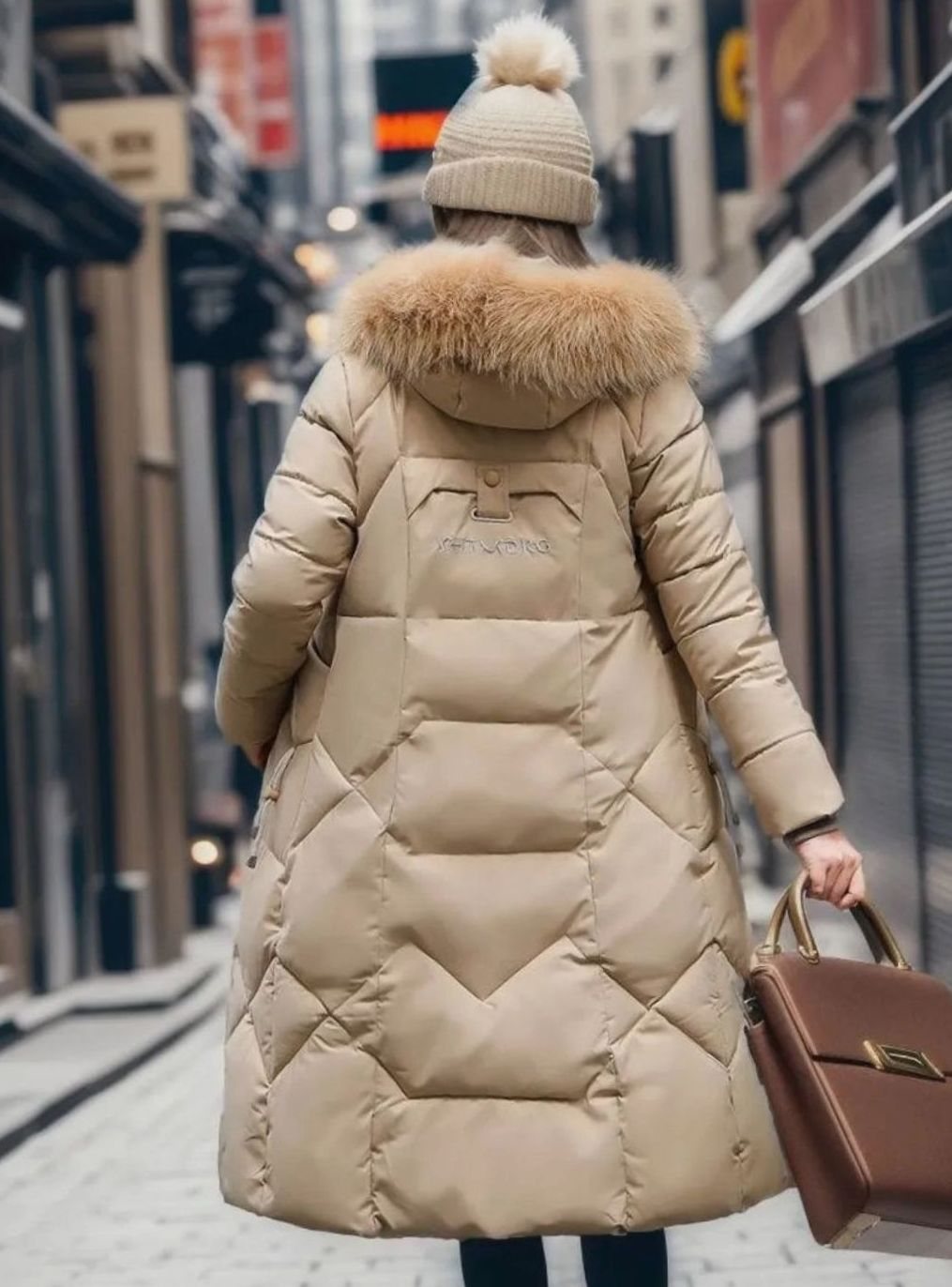 Woman wearing a long cream quilted winter coat with faux fur trimmed hood - view 18