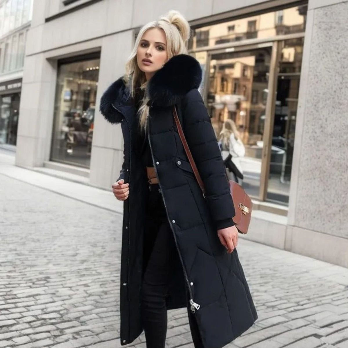 Woman wearing a long cream quilted winter coat with faux fur trimmed hood - view 9