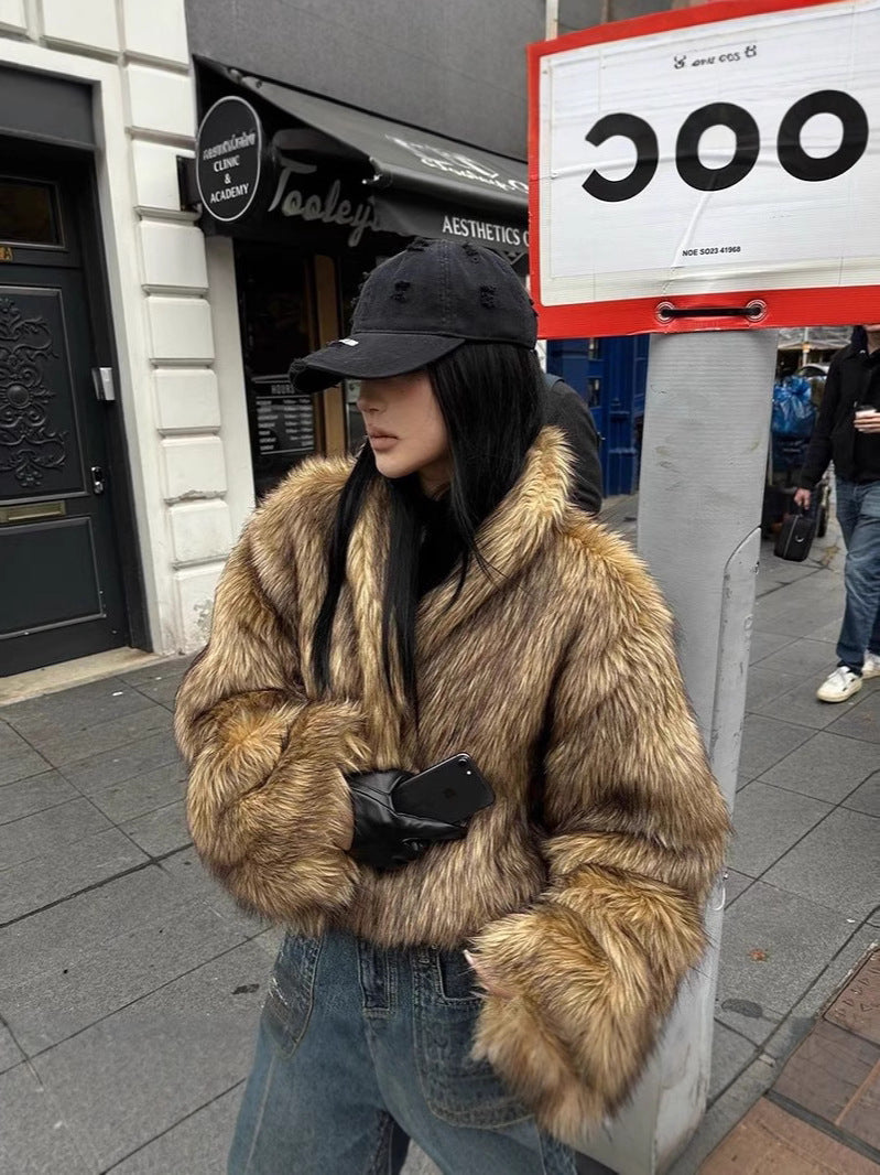 Brooke cropped hooded faux fur jacket in brown with front zip and metal clasp fastenings