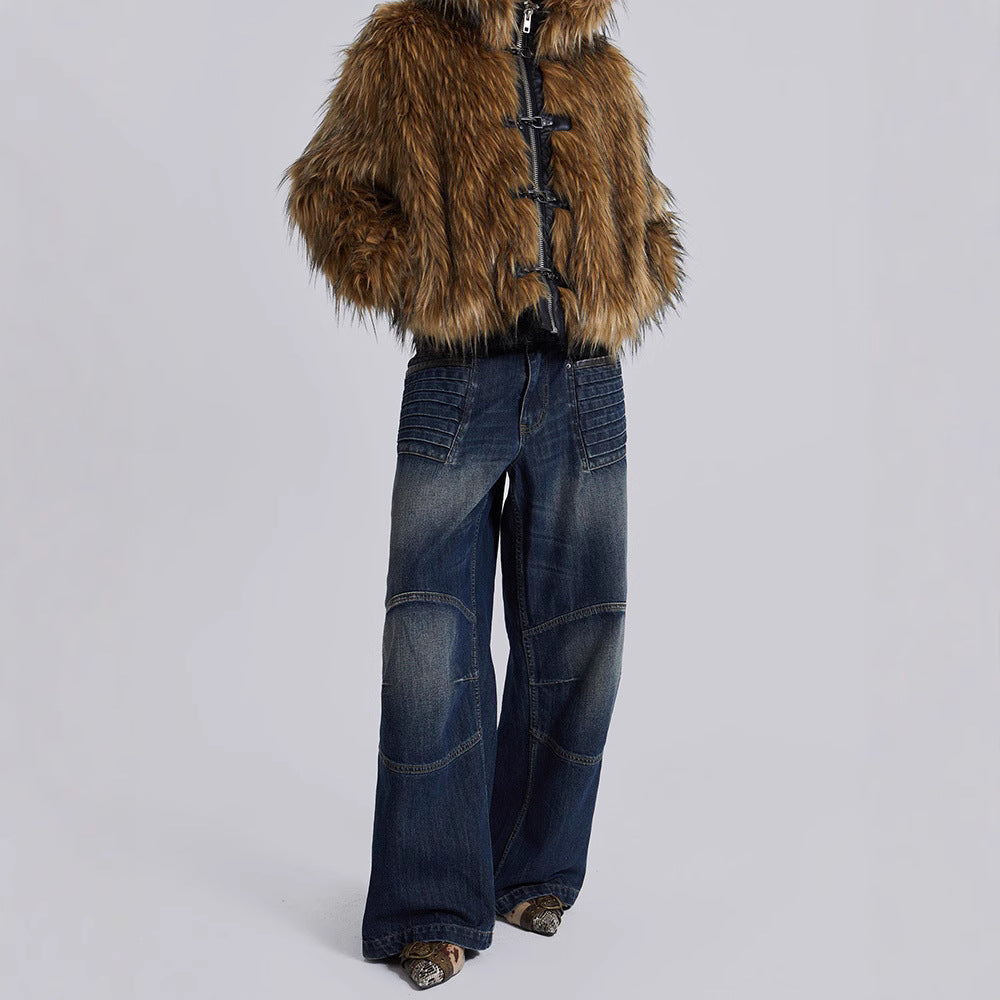 Brooke cropped hooded faux fur jacket in brown with front zip and metal clasp fastenings - view 2