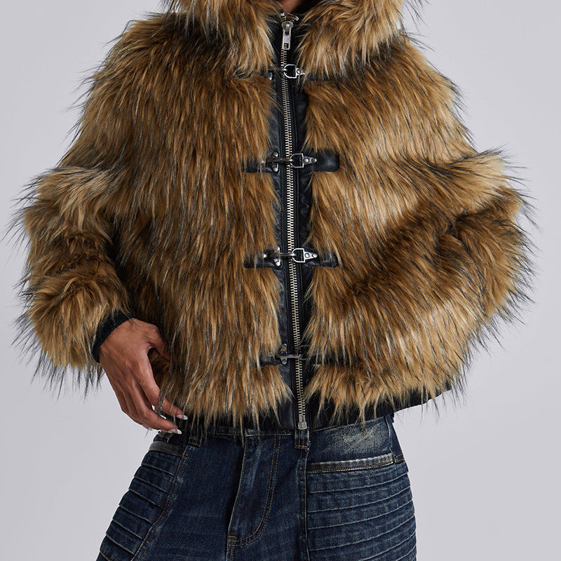 Brooke cropped hooded faux fur jacket in brown with front zip and metal clasp fastenings - view 3