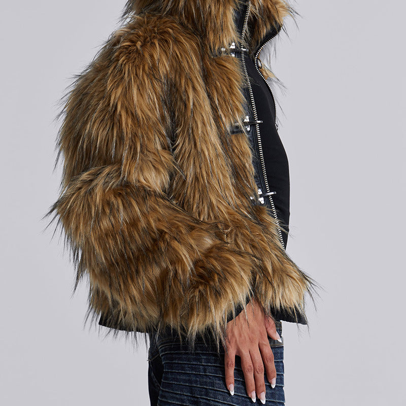 Brooke cropped hooded faux fur jacket in brown with front zip and metal clasp fastenings - view 4