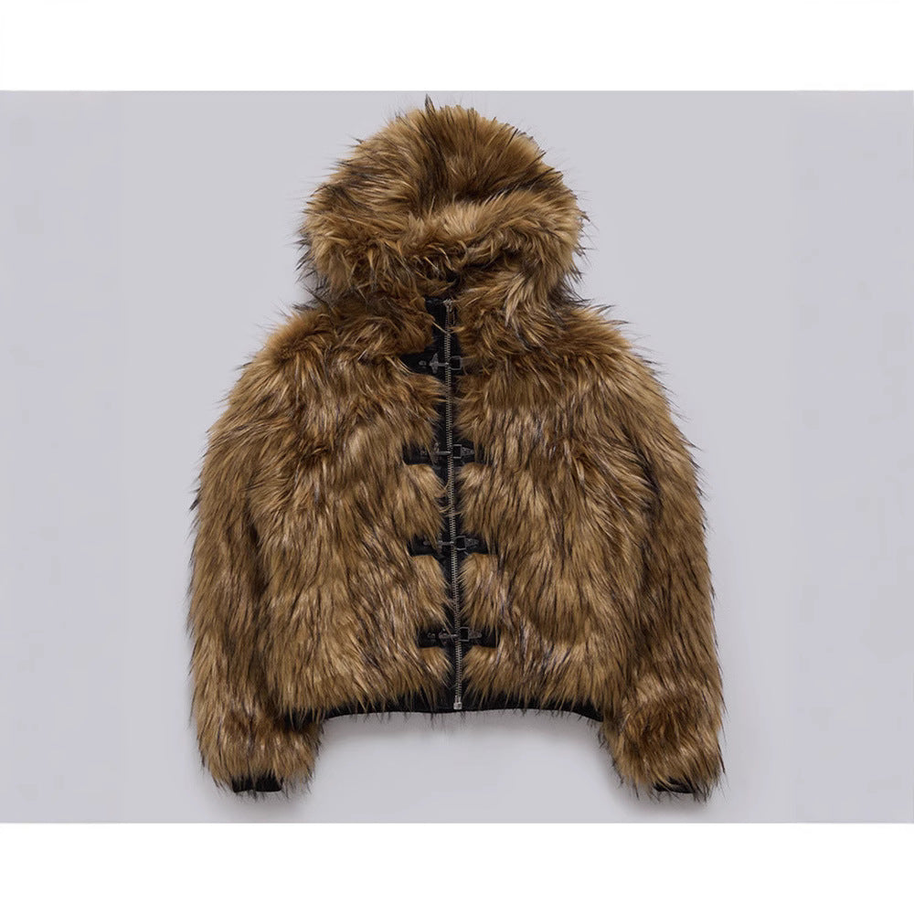 Brooke cropped hooded faux fur jacket in brown with front zip and metal clasp fastenings - view 5