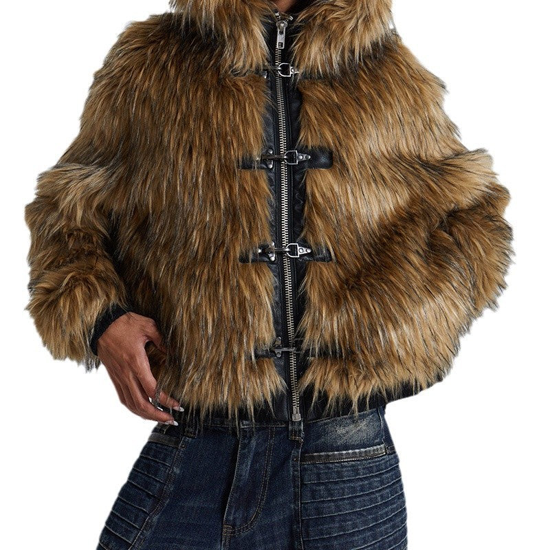 Brooke cropped hooded faux fur jacket in brown with front zip and metal clasp fastenings - view 6