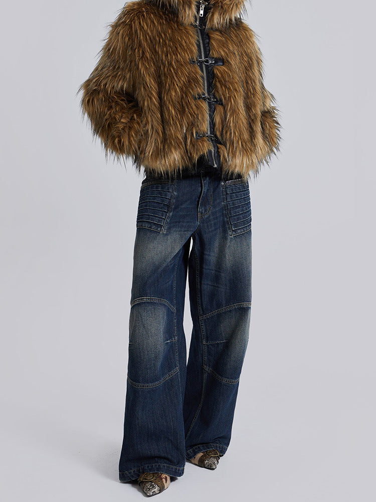 Brooke cropped hooded faux fur jacket in brown with front zip and metal clasp fastenings - view 7