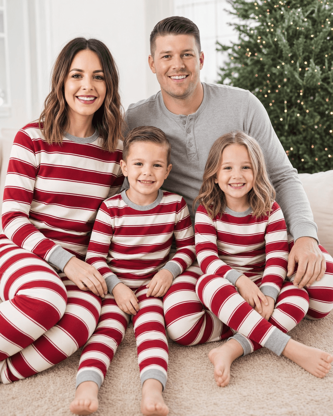 Family wearing matching red and white striped Christmas pyjamas with grey cuffs - view 3