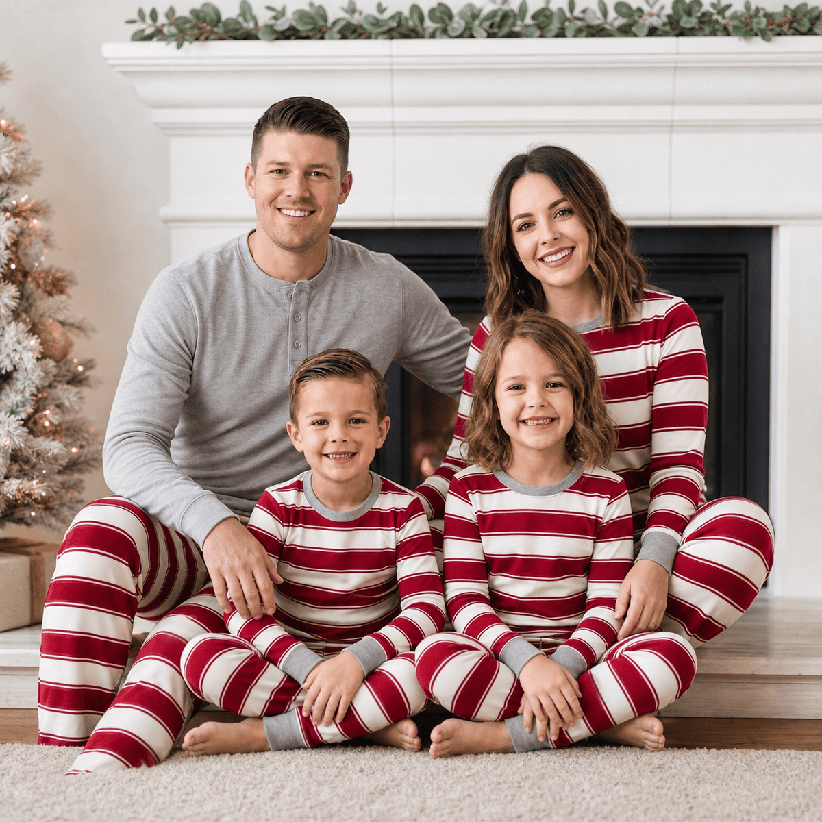 Family wearing matching red and white striped Christmas pyjamas with grey cuffs - view 4