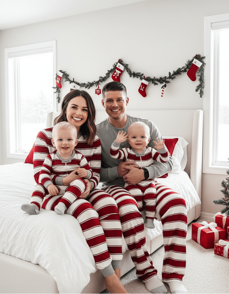 Family wearing matching red and white striped Christmas pyjamas with grey cuffs - view 5