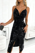 Long sleeve sequin midi dress with deep V-neck, twist-front waist and front slit - view 16