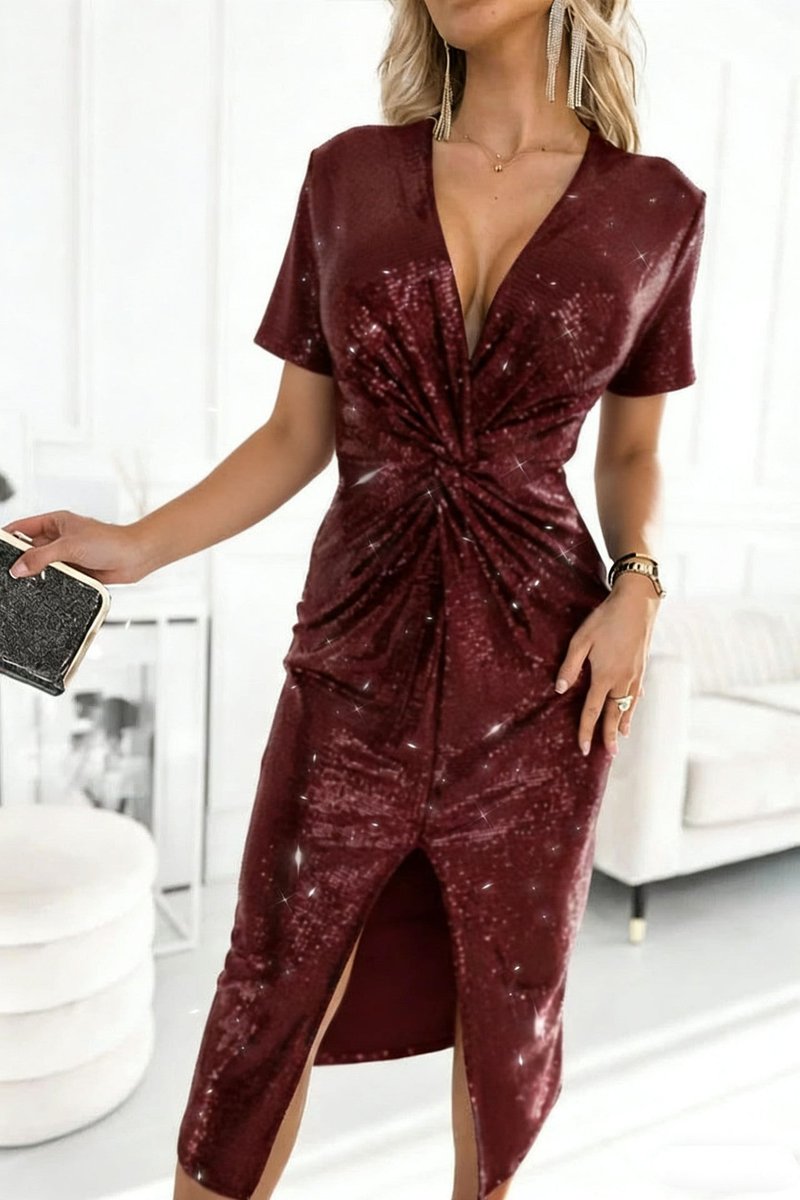 Long sleeve sequin midi dress with deep V-neck, twist-front waist and front slit - view 17