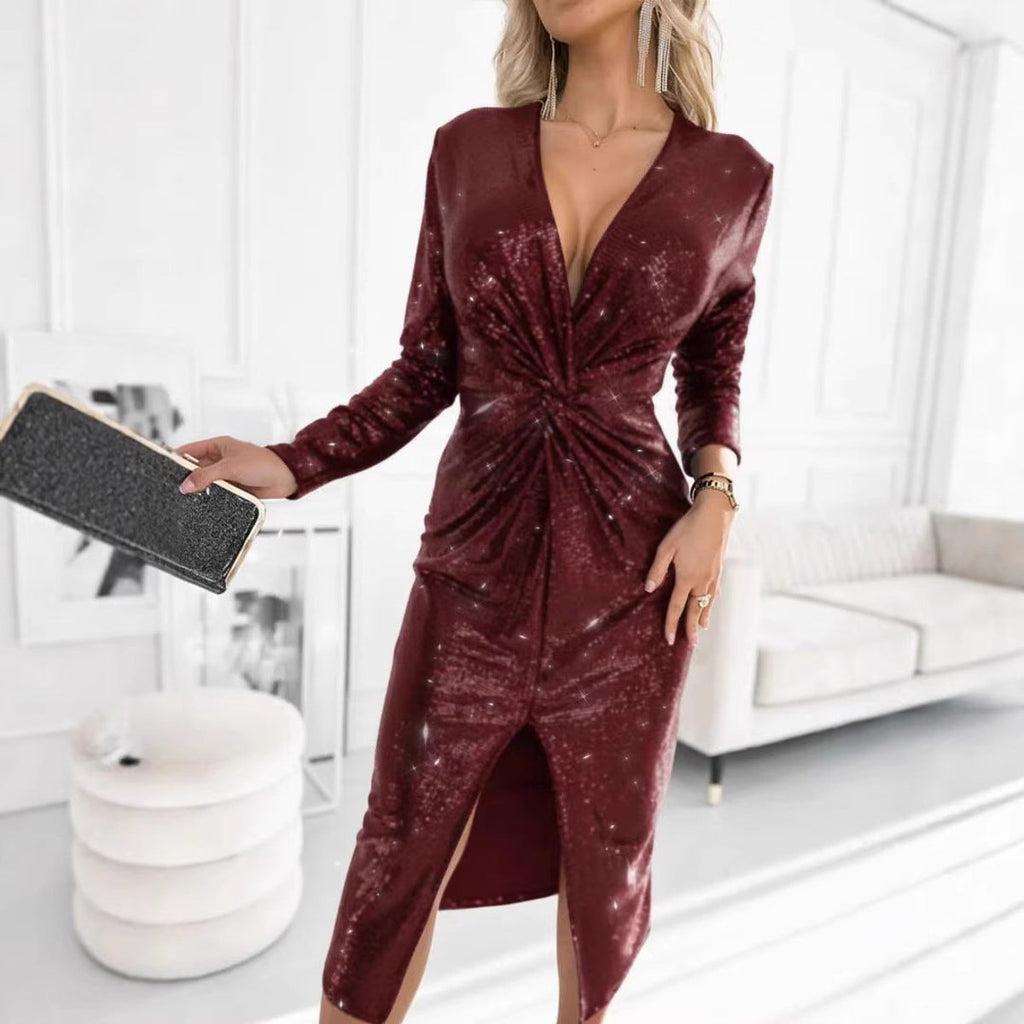 Long sleeve sequin midi dress with deep V-neck, twist-front waist and front slit - view 5