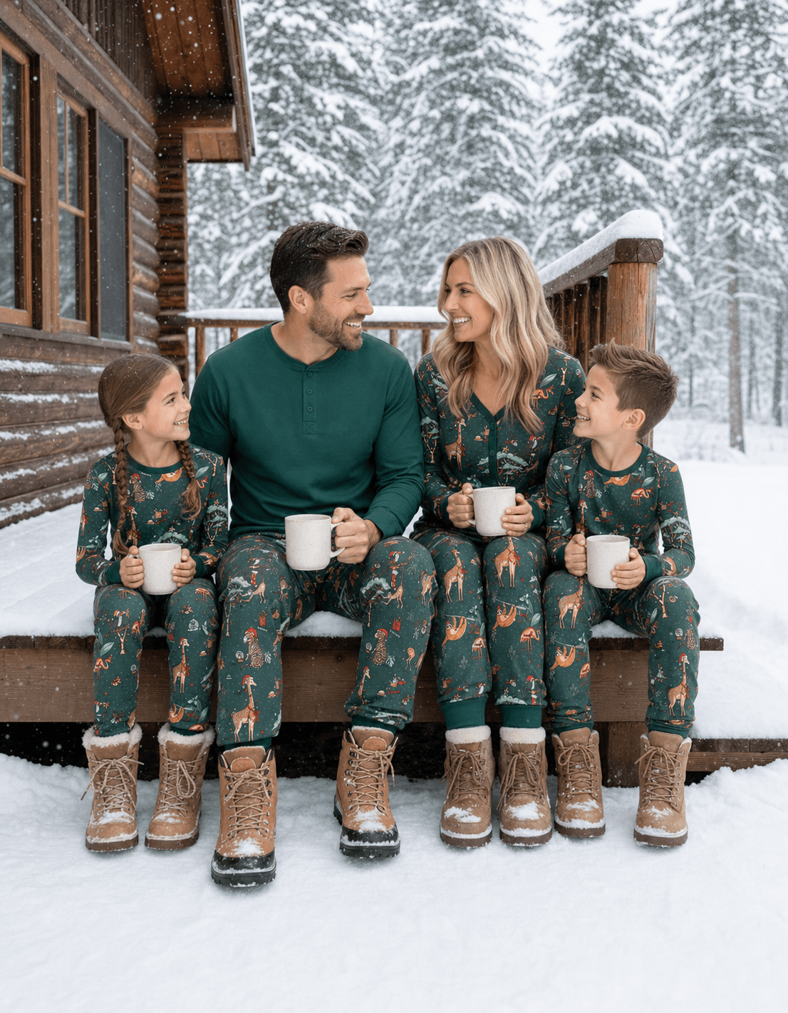 Family wearing matching forest green Christmas pyjamas with safari animal print