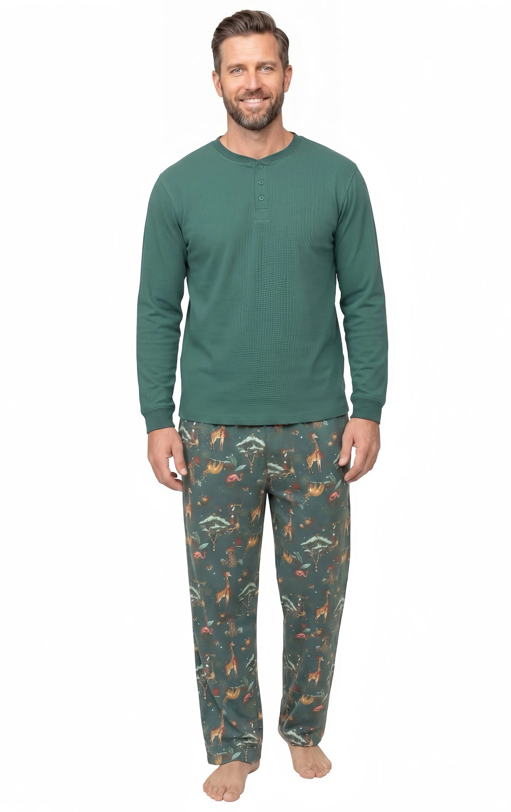 Family wearing matching forest green Christmas pyjamas with safari animal print - view 10