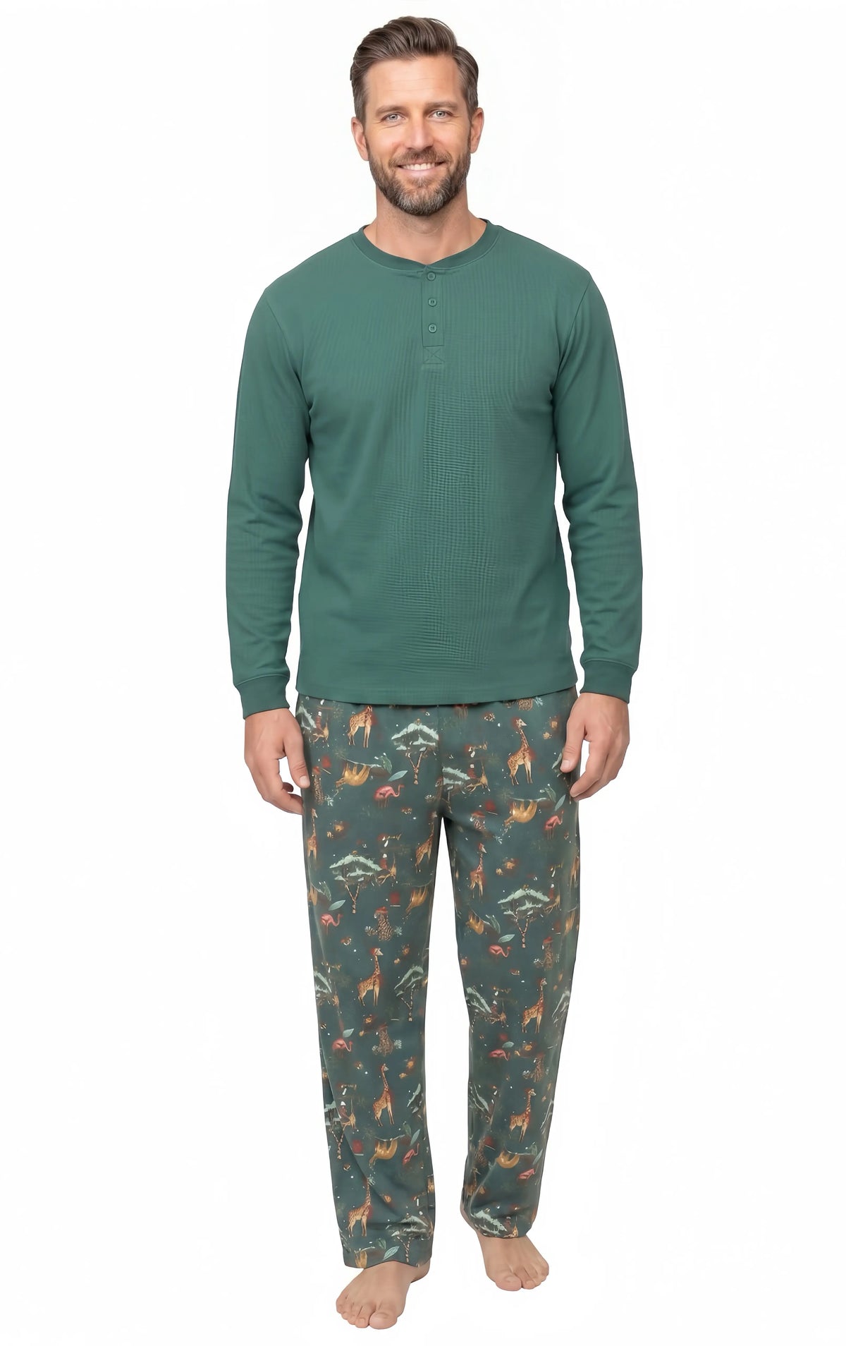 Family wearing matching forest green Christmas pyjamas with safari animal print - view 10