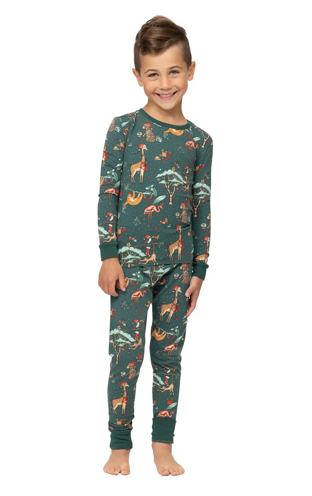Family wearing matching forest green Christmas pyjamas with safari animal print - view 11
