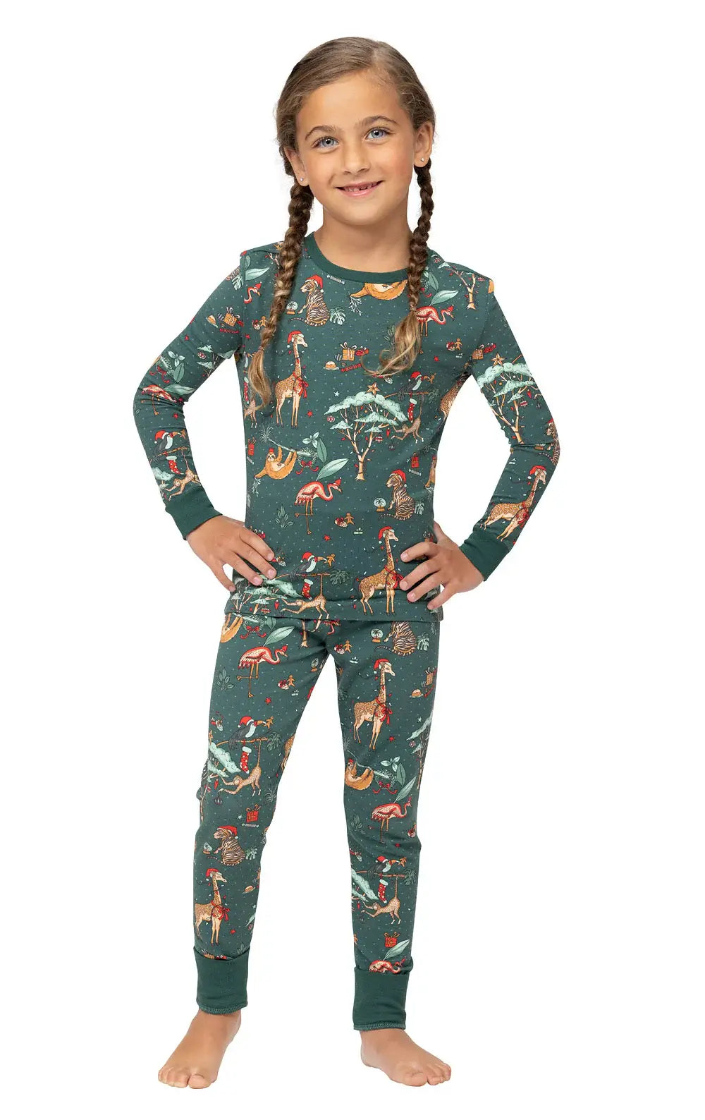 Family wearing matching forest green Christmas pyjamas with safari animal print - view 12