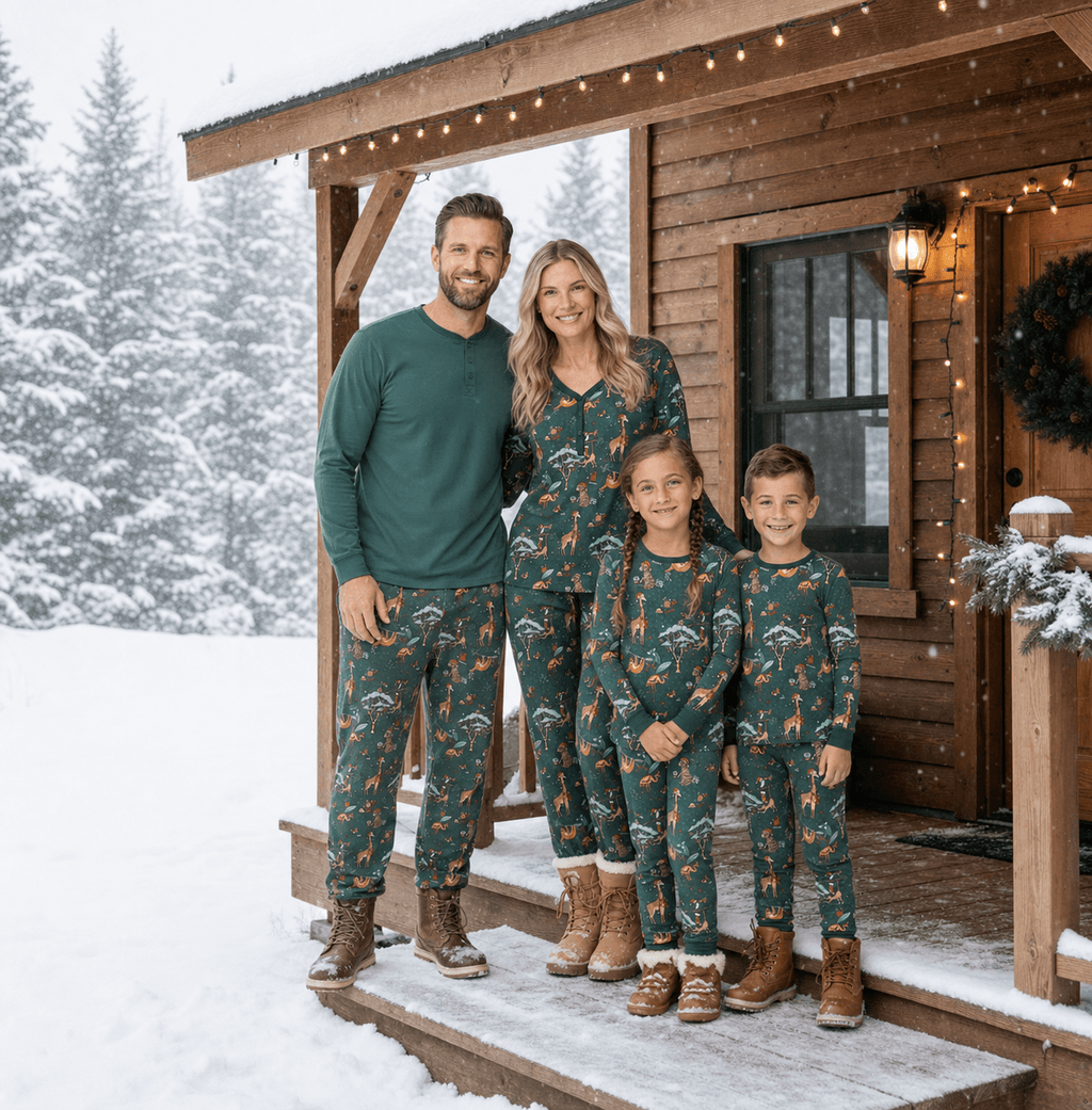 Family wearing matching forest green Christmas pyjamas with safari animal print - view 2