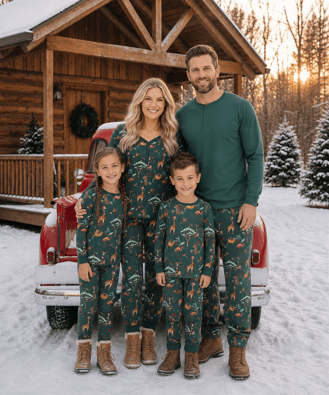 Family wearing matching forest green Christmas pyjamas with safari animal print - view 3
