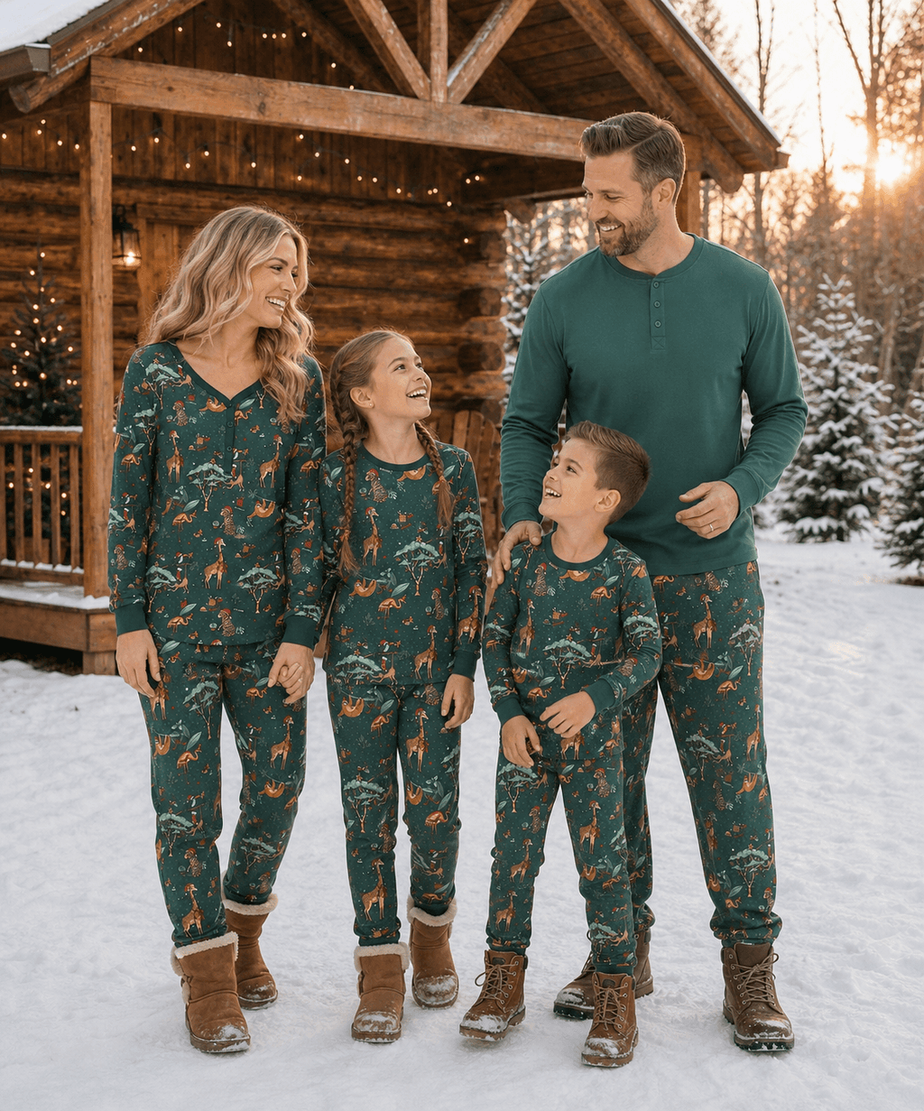 Family wearing matching forest green Christmas pyjamas with safari animal print - view 4