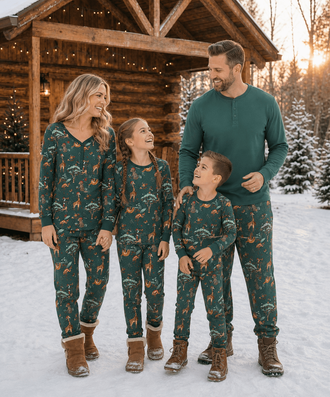 Family wearing matching forest green Christmas pyjamas with safari animal print - view 4