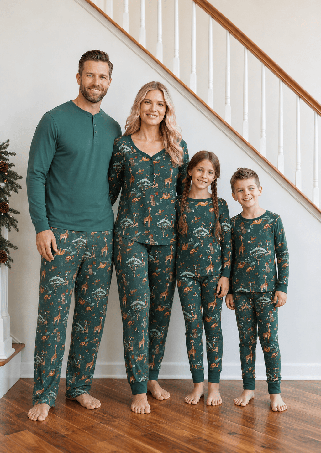 Family wearing matching forest green Christmas pyjamas with safari animal print - view 6