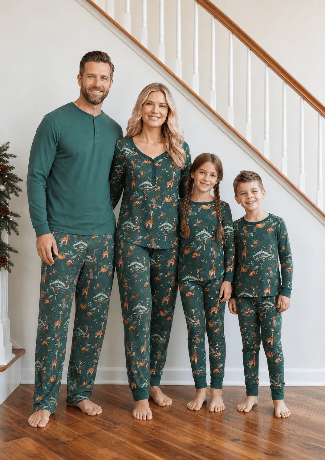 Family wearing matching forest green Christmas pyjamas with safari animal print - view 6