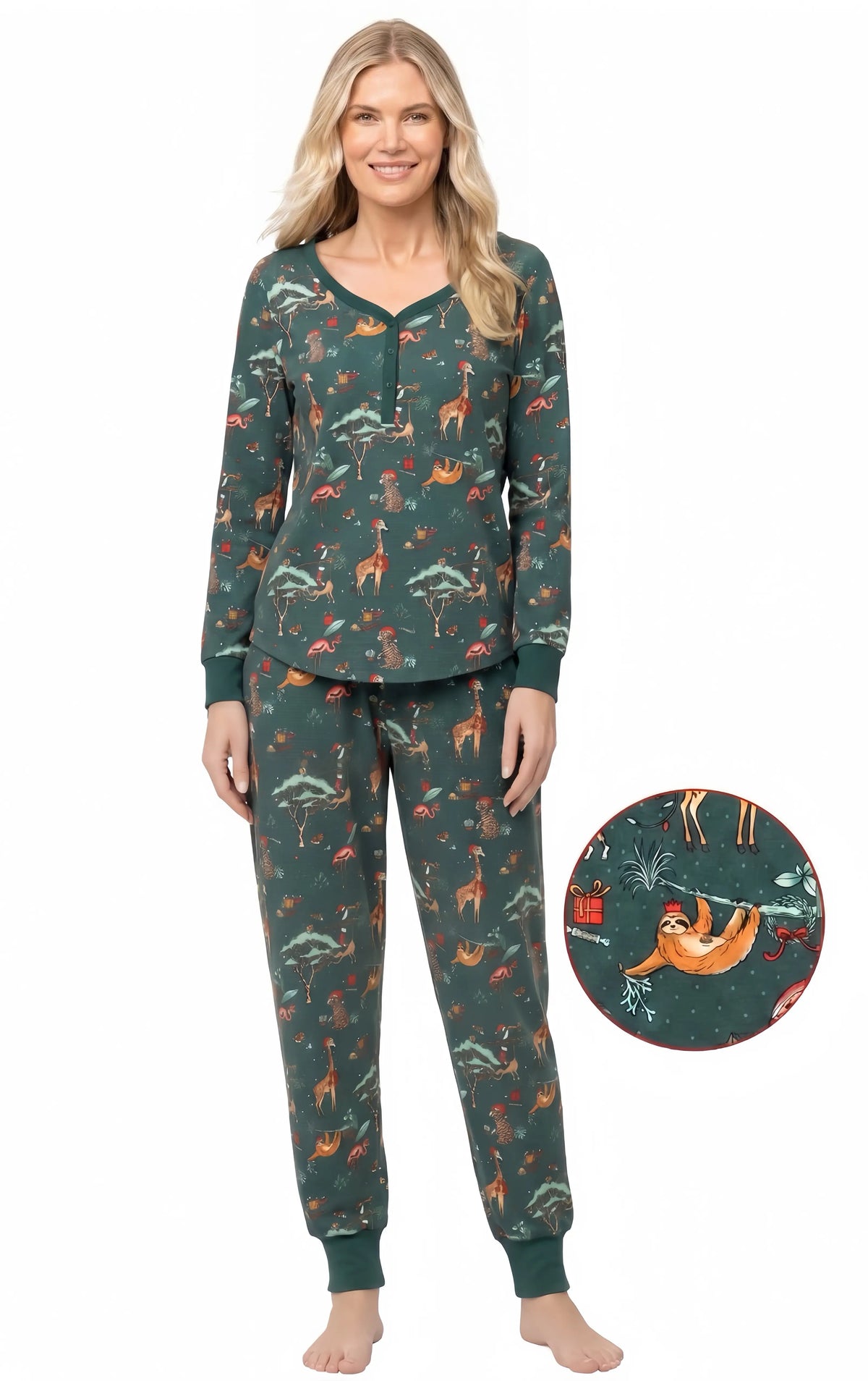 Family wearing matching forest green Christmas pyjamas with safari animal print - view 9
