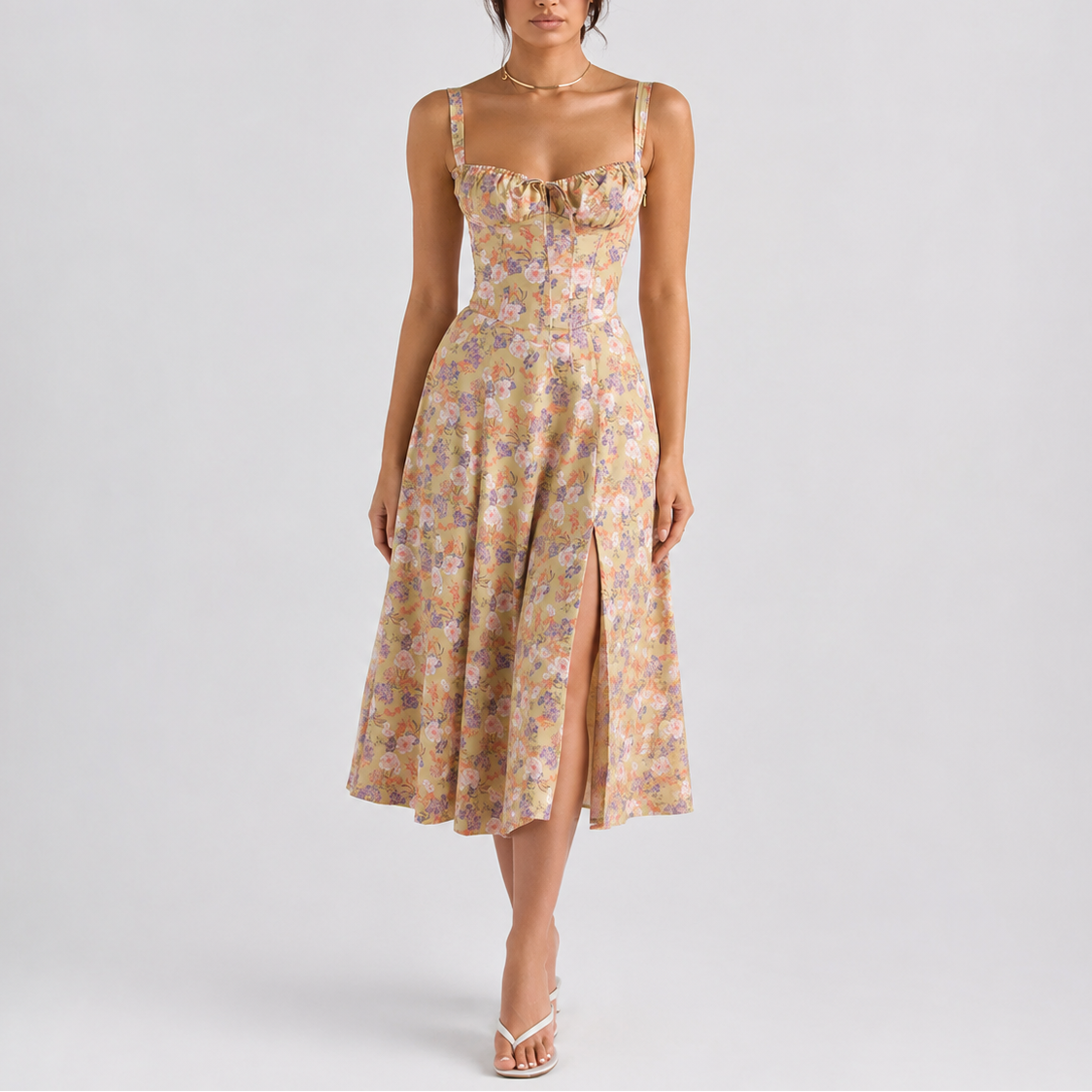 Corset midi dress with ruched sweetheart bust, tie detail and flared A-line skirt - view 5