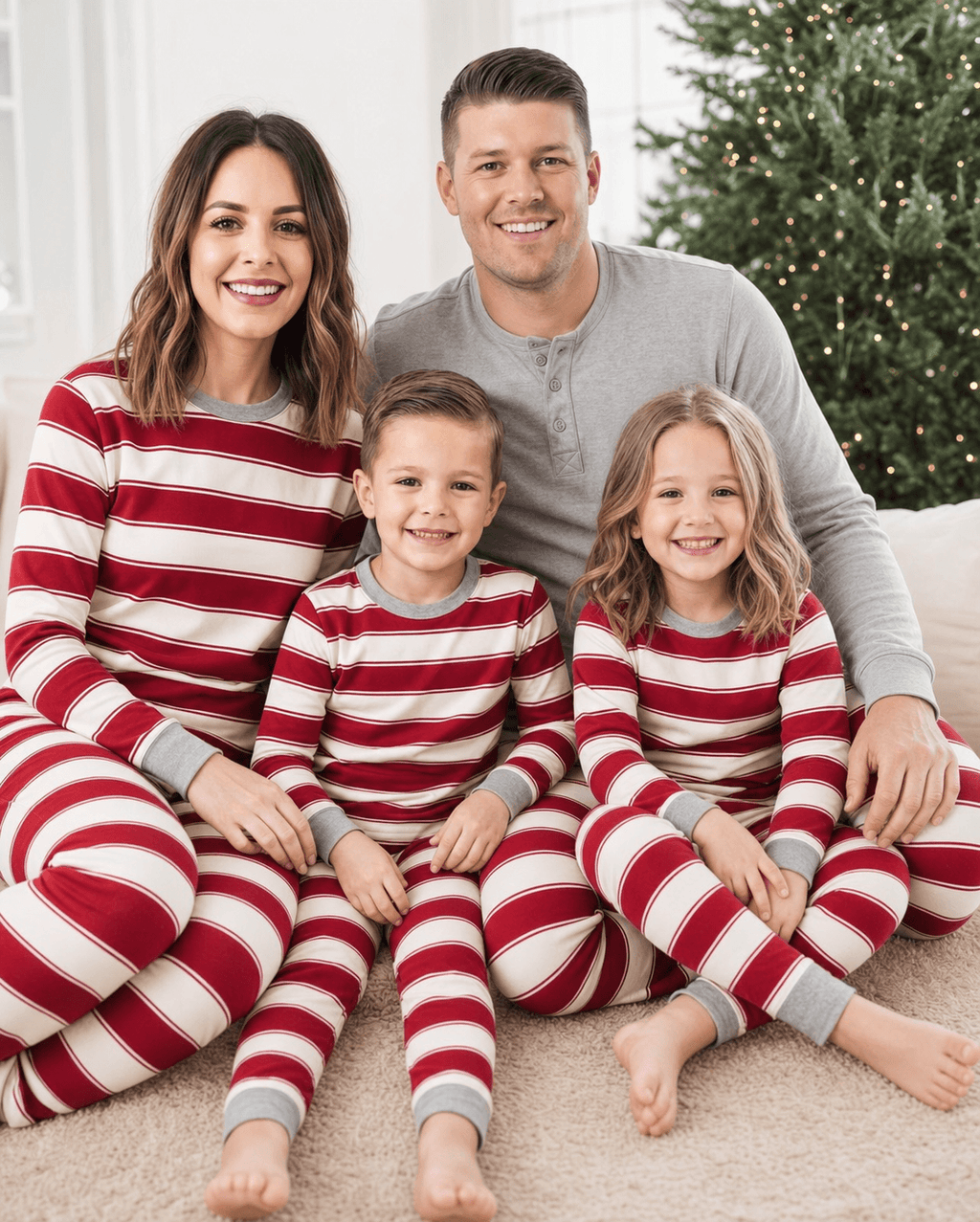 Family wearing matching red and white striped Christmas pyjamas with grey ribbed cuffs