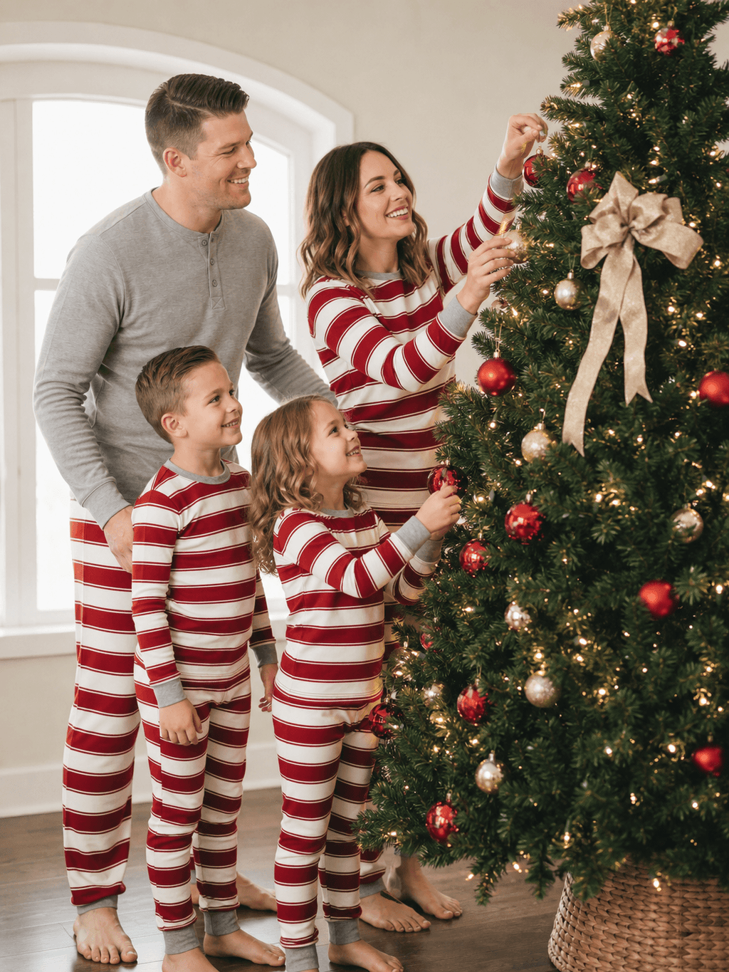 Family wearing matching red and white striped Christmas pyjamas with grey ribbed cuffs - view 4