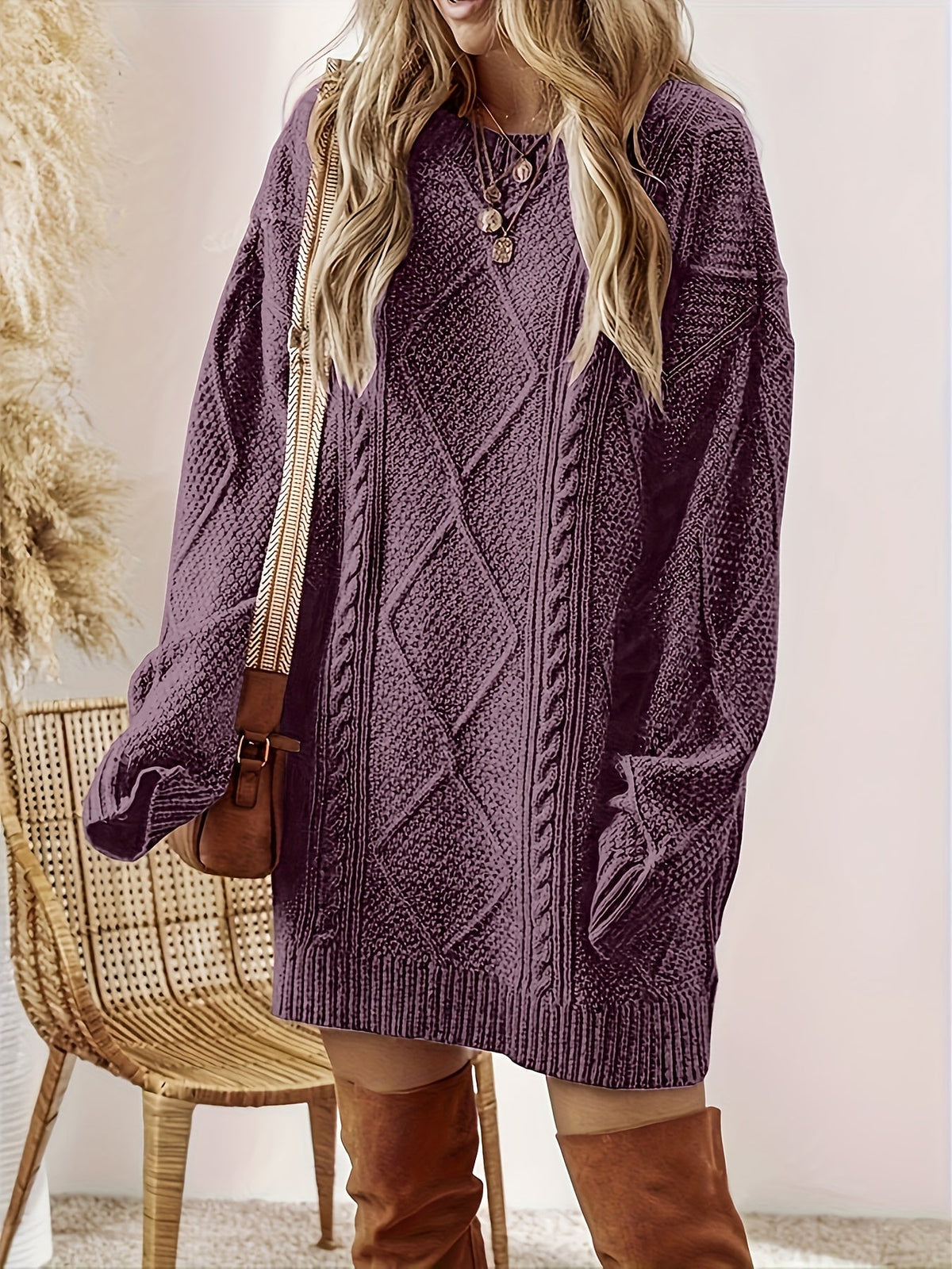 Women's Cable-Knit Jumper Dress with Round Neck