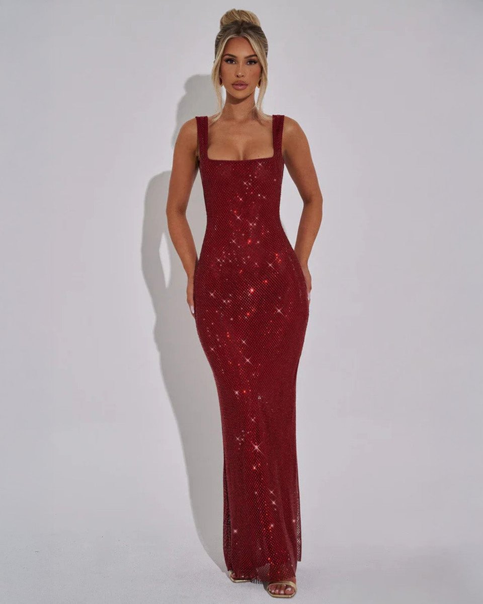 Square neck sequin maxi dress with low scoop back and side slit