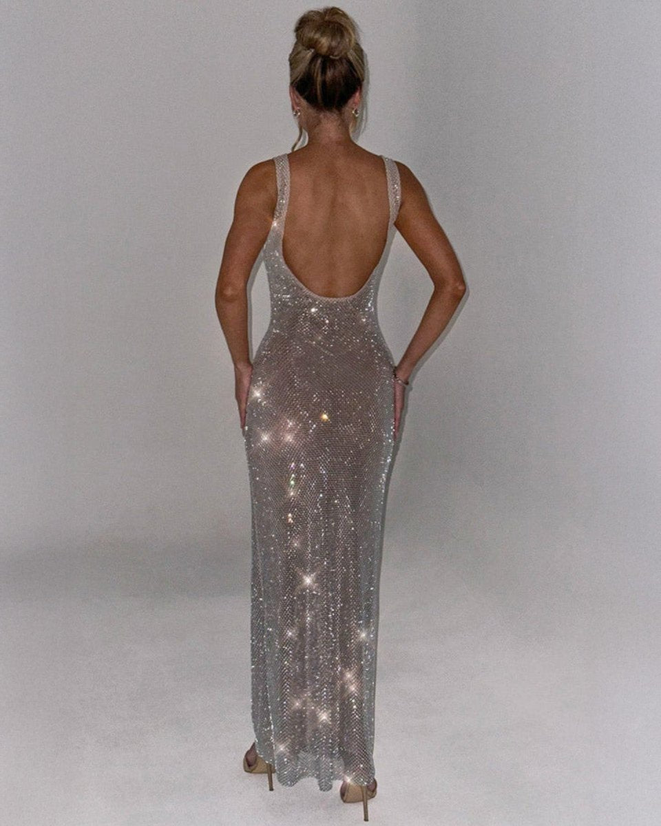 Square neck sequin maxi dress with low scoop back and side slit - view 10