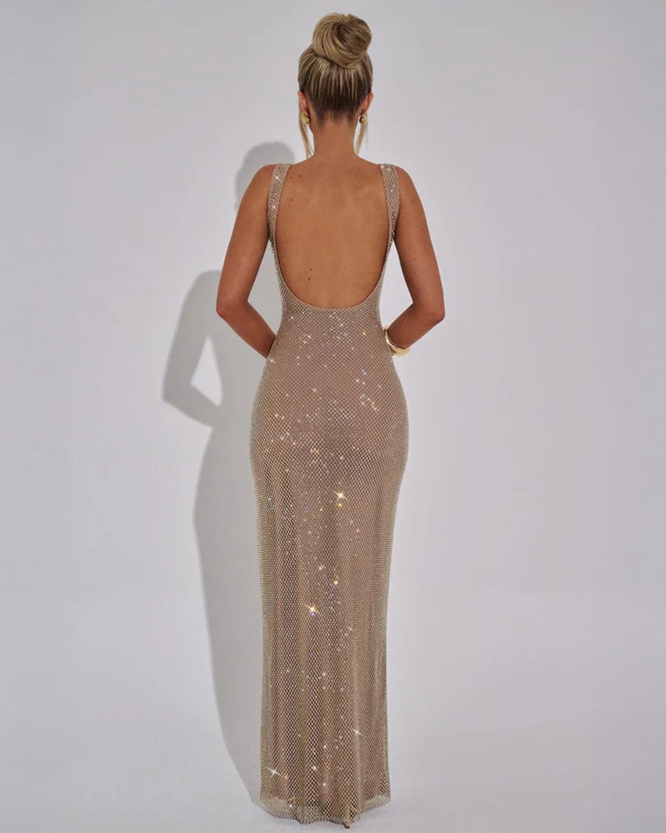 Square neck sequin maxi dress with low scoop back and side slit - view 15