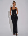 Square neck sequin maxi dress with low scoop back and side slit - view 18