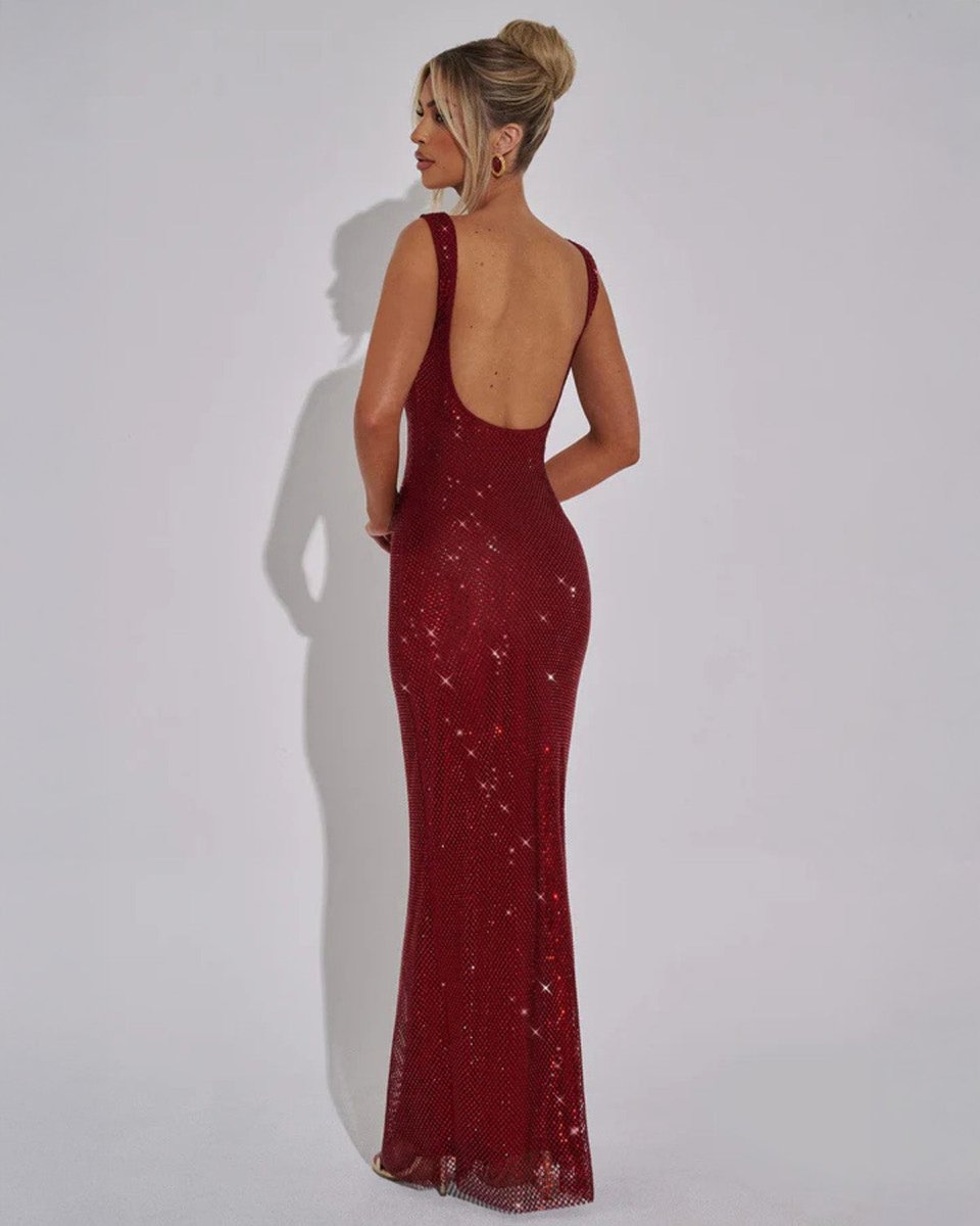 Square neck sequin maxi dress with low scoop back and side slit - view 2
