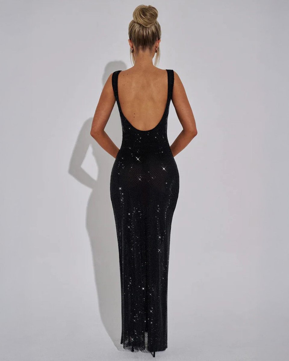 Square neck sequin maxi dress with low scoop back and side slit - view 20
